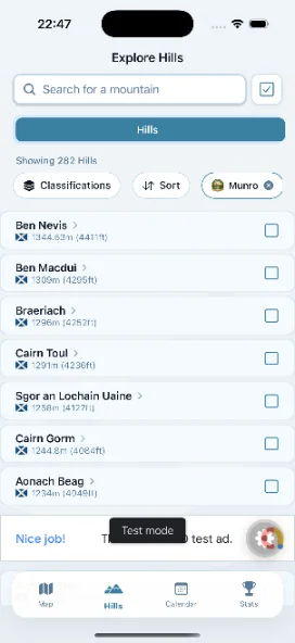 BaggedIt hill browser listing Munros with heights and tick boxes